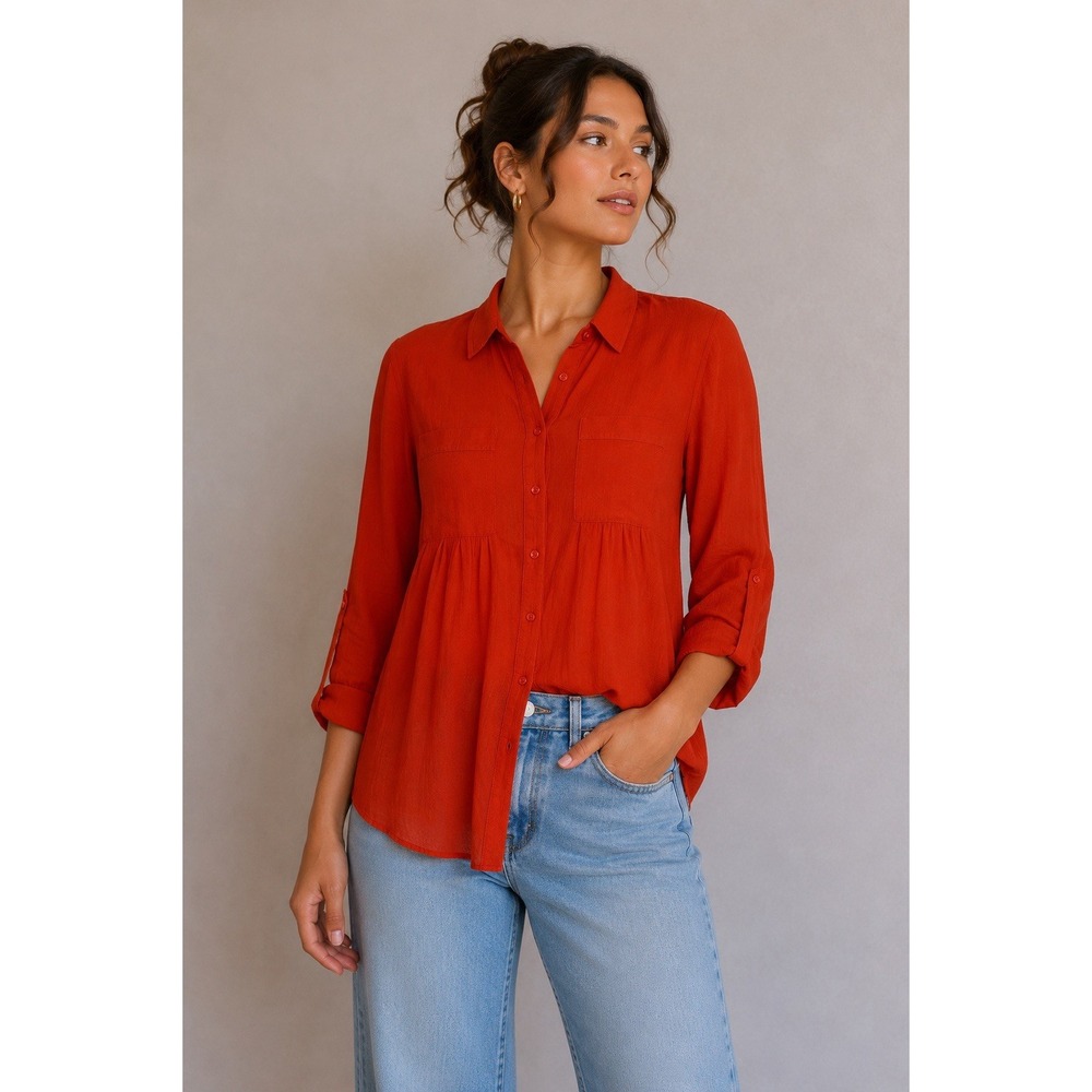 Joie Red Button Down Top XS Long Sleeve Silk Blend Career Blouse